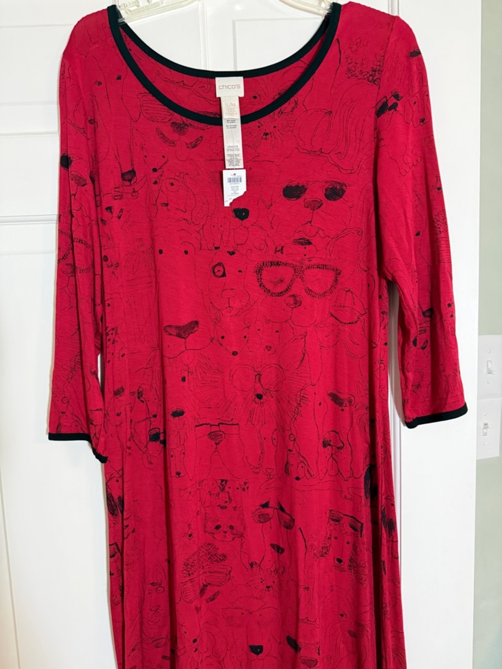 Chico's Red Dress with Black Sketch Print and Trim